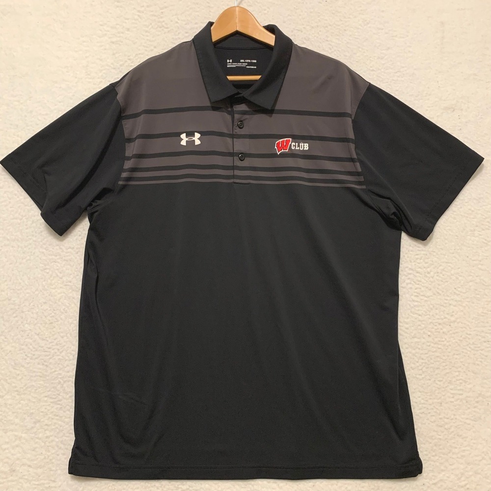 Under Armour Wisconsin Badgers Polo Shirt Mens 2XL W Club Heatgear Black NCAA